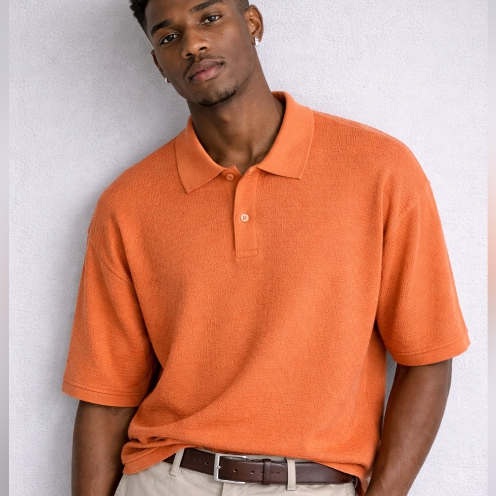 Cezani Polo Shirt Orange Silk Blend Textured Knit Sz XL Quiet Luxury Old Money